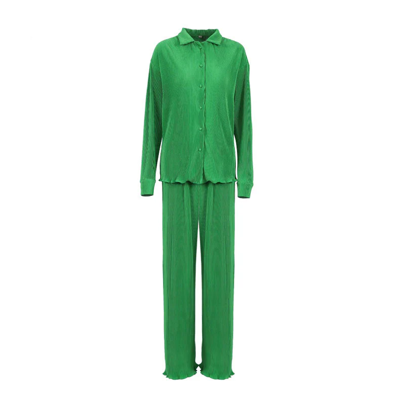 Athflow Shirred Long Sleeve Blouse Wide Leg Pant Matching Set - Green - Image 3