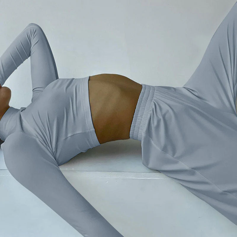 Athleisure Solid Long Sleeve Crop Top Wide Leg Pants Matching Set - Gray - Image 2
