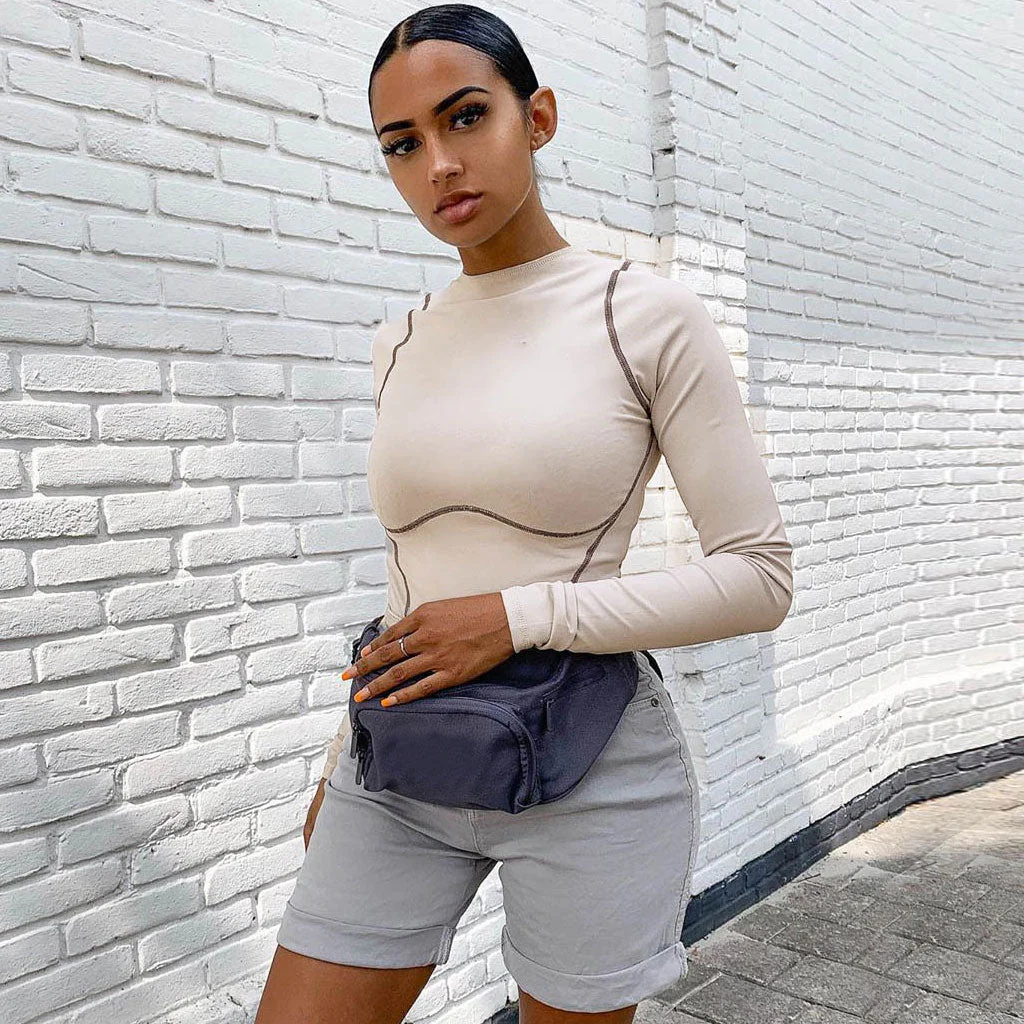 Athletic Crew Neck Contrast Seamed Long Sleeve Bodysuit - Apricot - Image 2