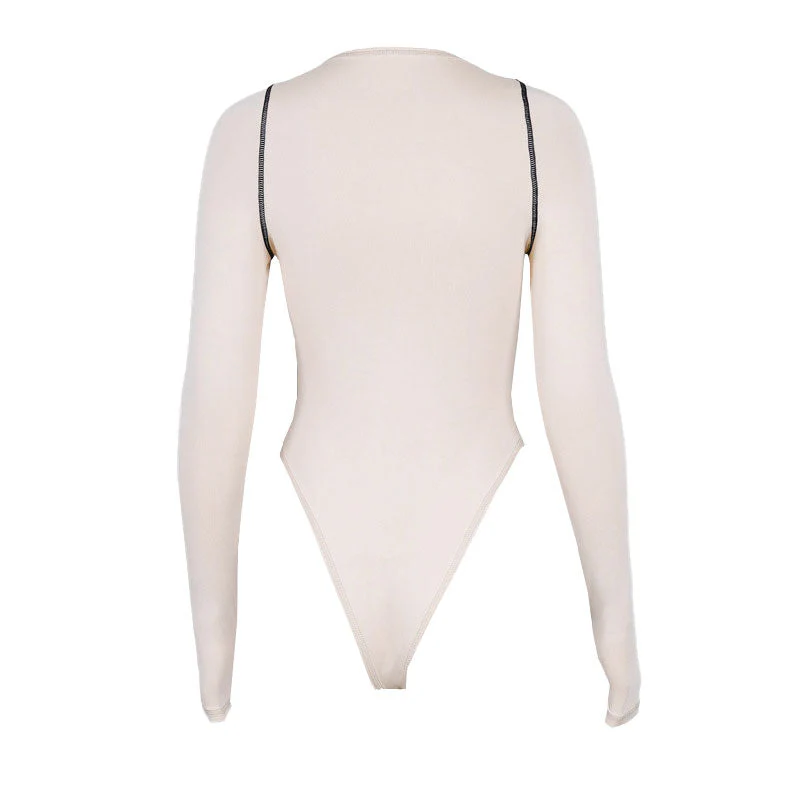 Athletic Crew Neck Contrast Seamed Long Sleeve Bodysuit - Apricot - Image 4