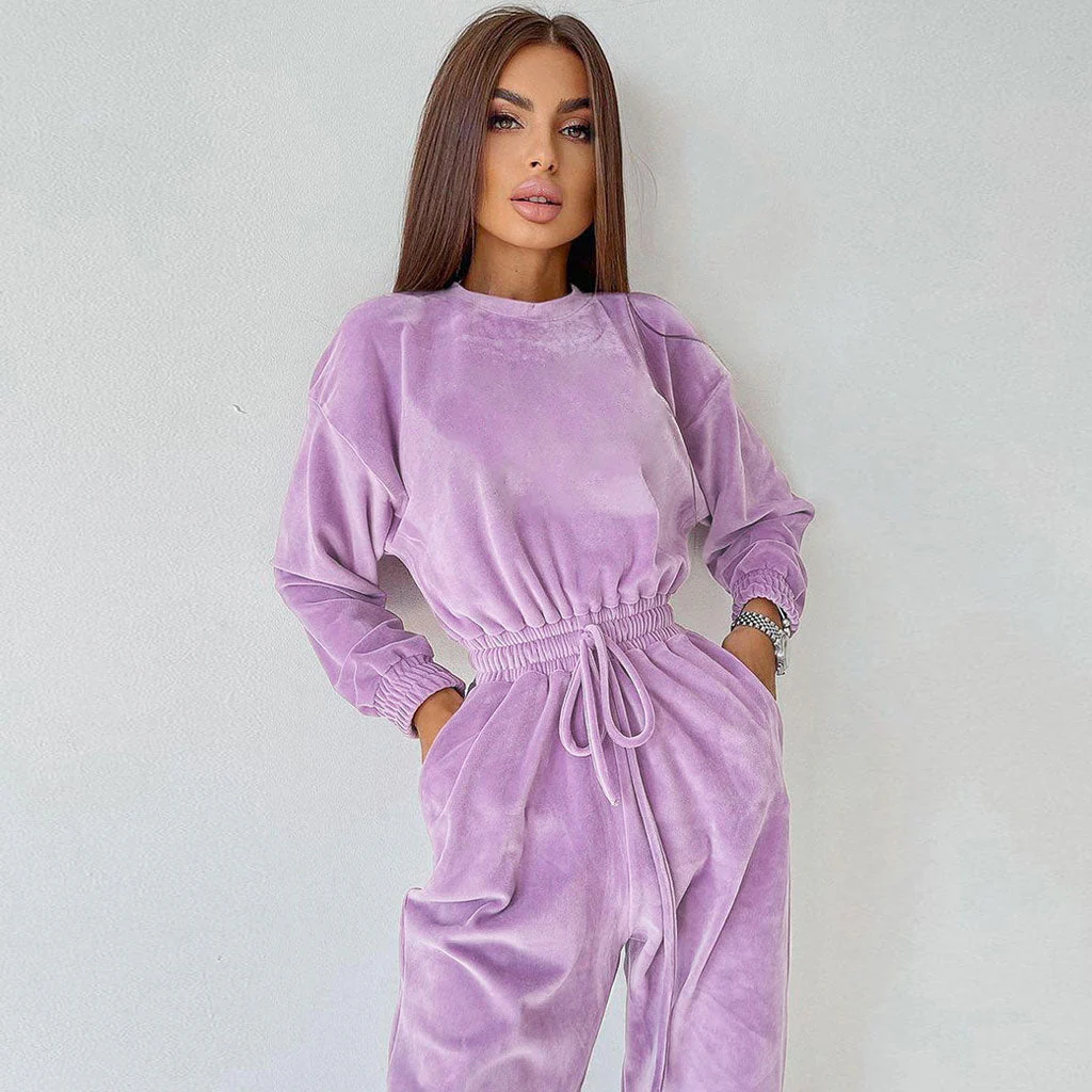 Athletic Crew Neck Long Sleeve Drawstring Velvet Jogger Jumpsuit - Lilac - Image 3