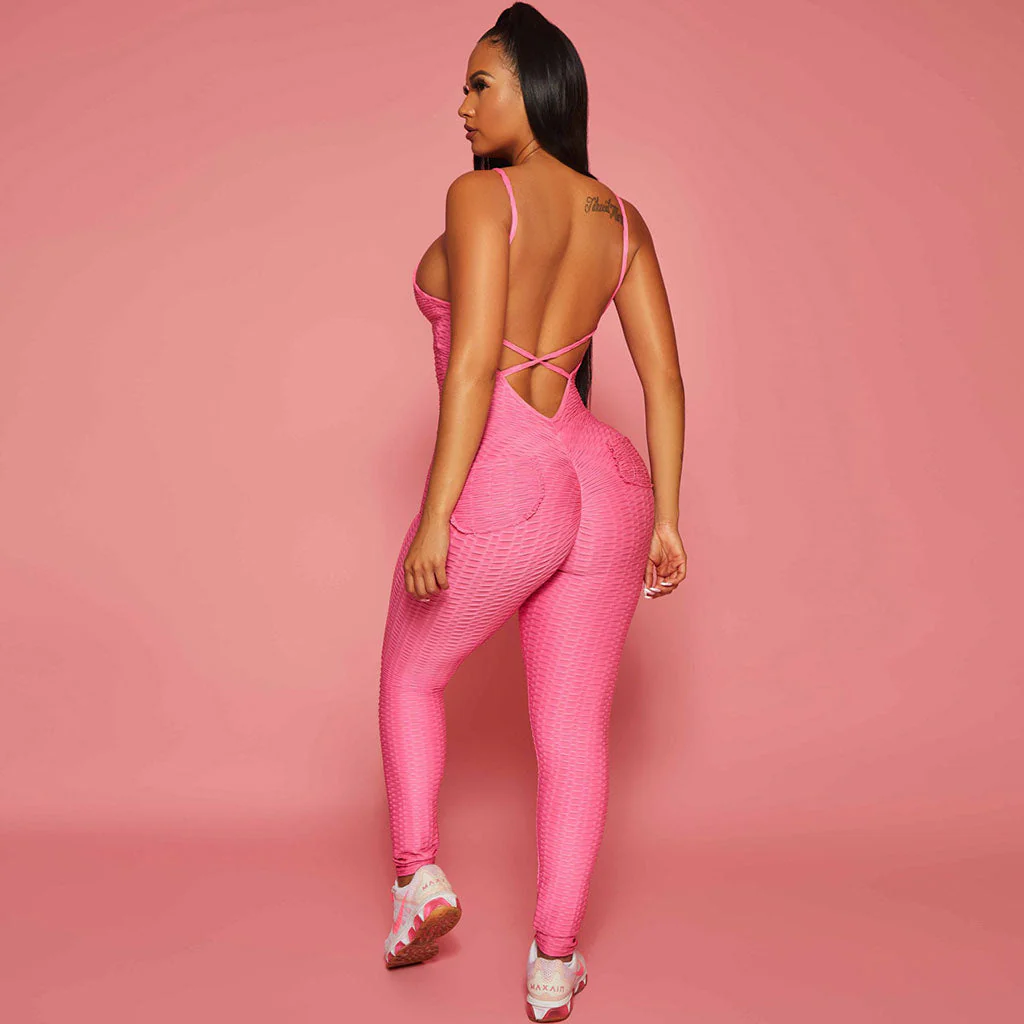 Athletic Deep V Neck Crossed Backless Honeycomb Jumpsuit - Hot Pink - Image 2
