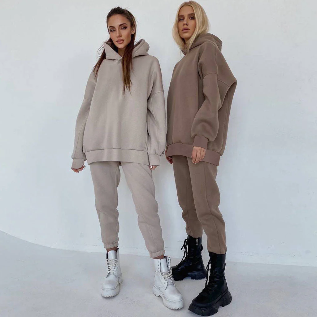 Athletic Drop Shoulder Long Sleeve Hoodie Matching Set - Beige - Image 2
