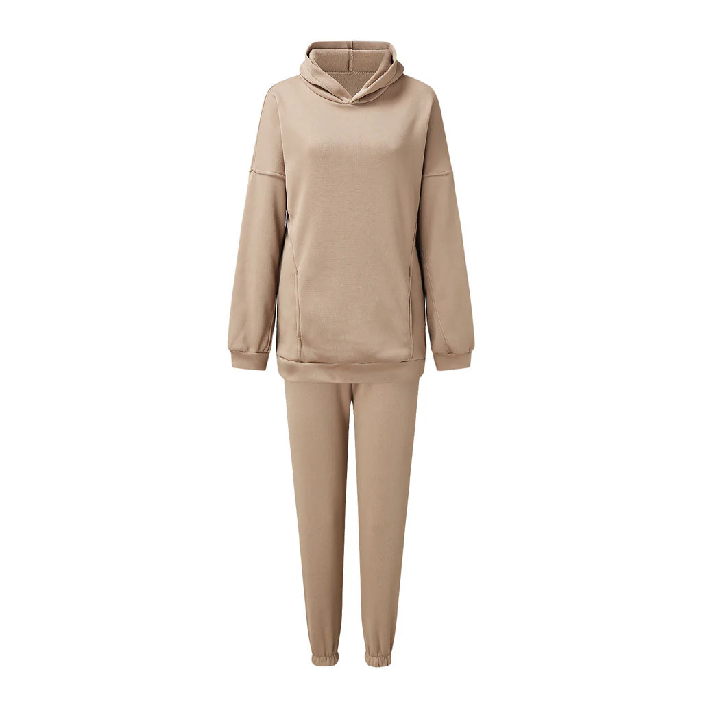 Athletic Drop Shoulder Long Sleeve Hoodie Matching Set - Beige - Image 3