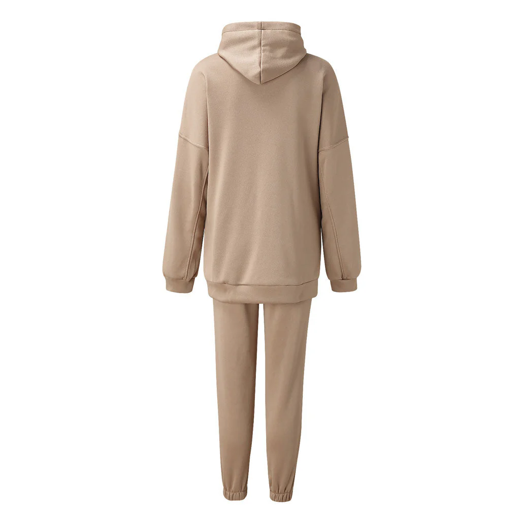 Athletic Drop Shoulder Long Sleeve Hoodie Matching Set - Beige - Image 4