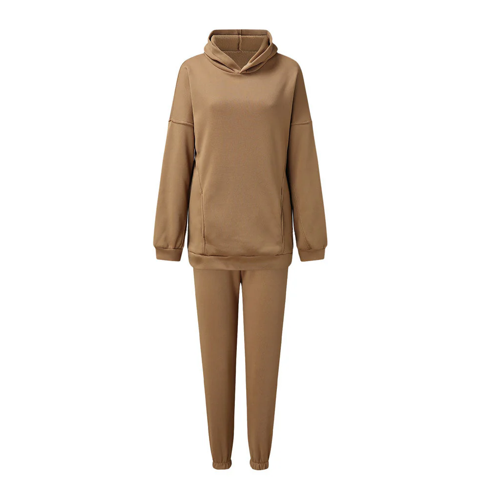 Athletic Drop Shoulder Long Sleeve Hoodie Matching Set - Coffee - Image 3