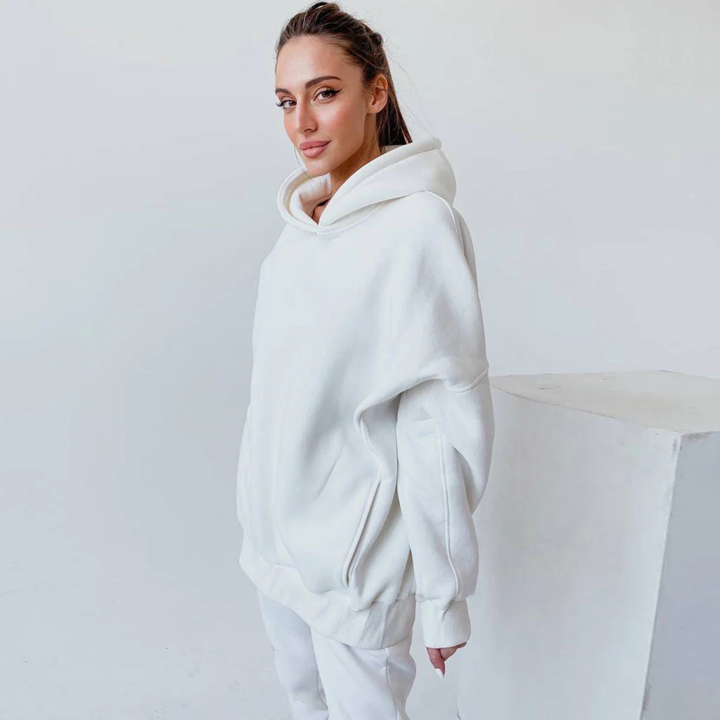 Athletic Drop Shoulder Long Sleeve Hoodie Matching Set - White - Image 2