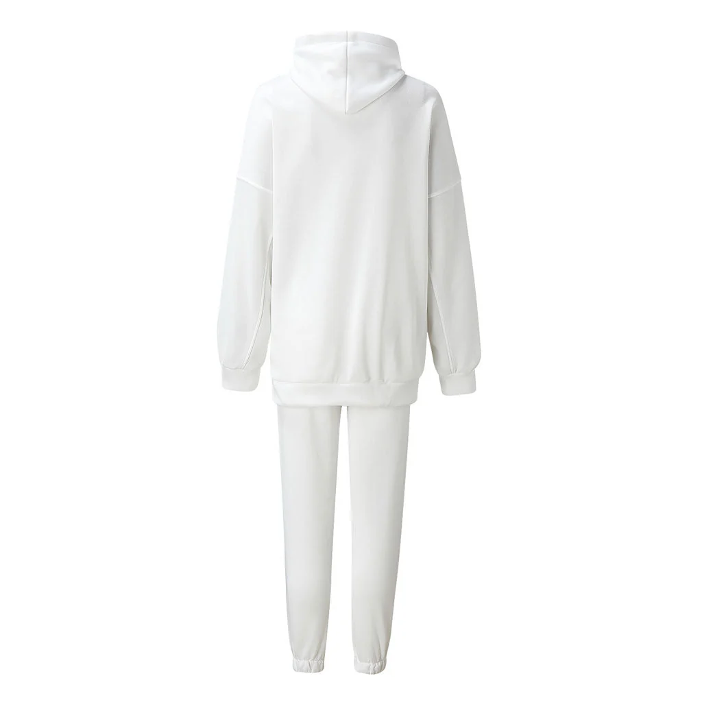 Athletic Drop Shoulder Long Sleeve Hoodie Matching Set - White - Image 4