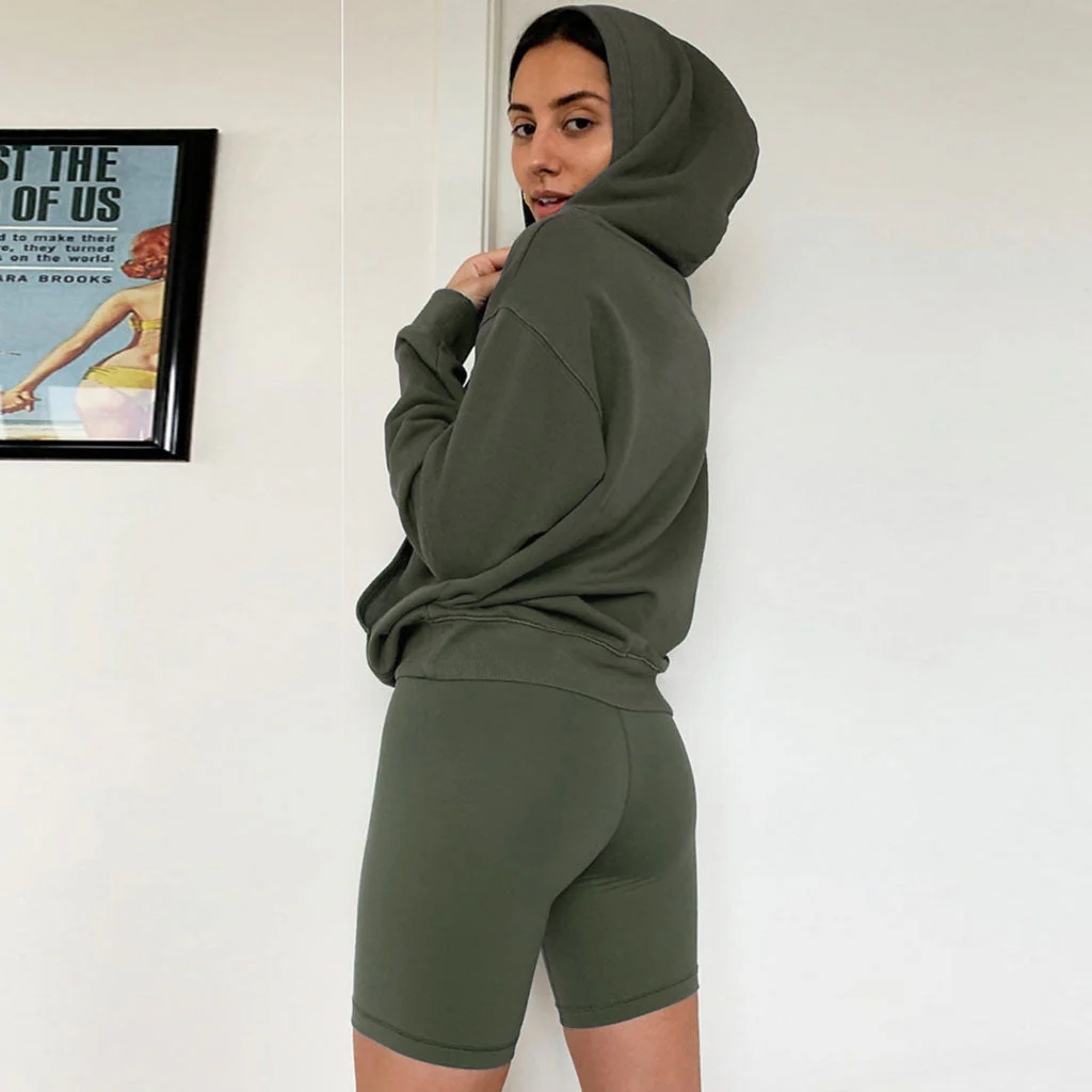 Athletic Hooded Sweatshirt Biker Short Matching Set - Army Green - Image 2
