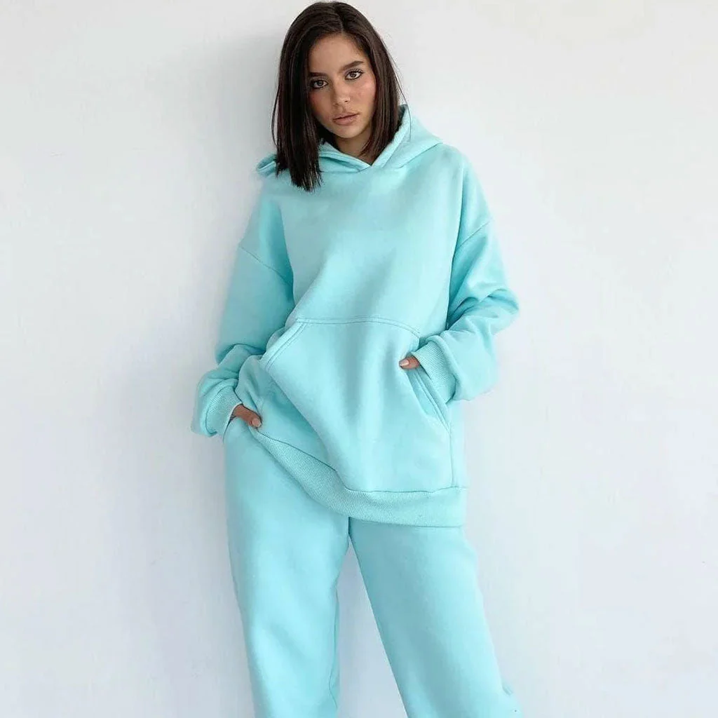 Athletic Patch Pocket Long Sleeve Hoodie Matching Set - Lake Blue - Image 2