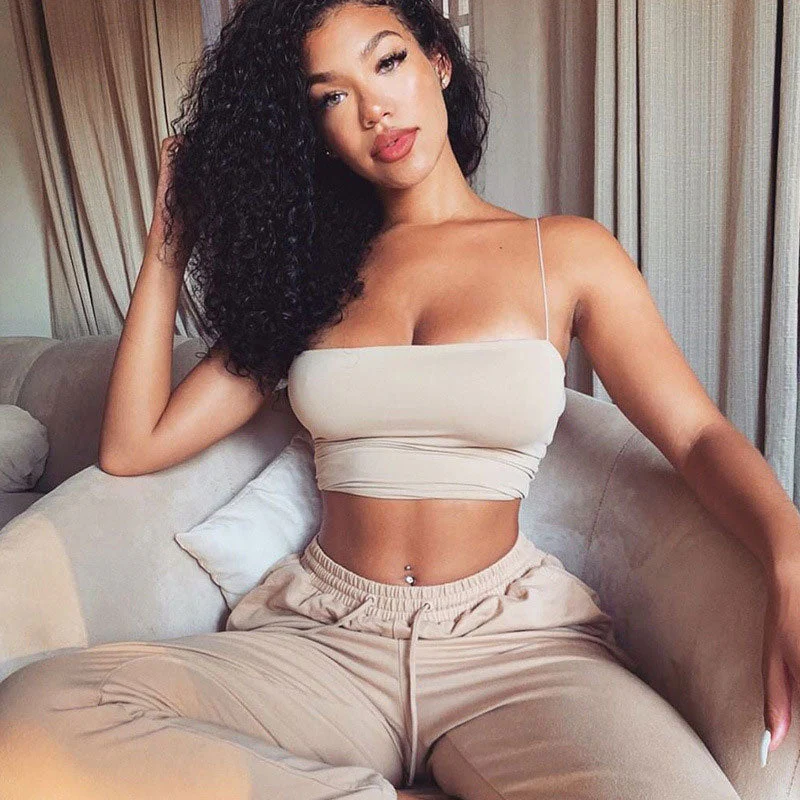 Athletic Spaghetti Strap Square Neck Crop Tank Top - Apricot - Image 3