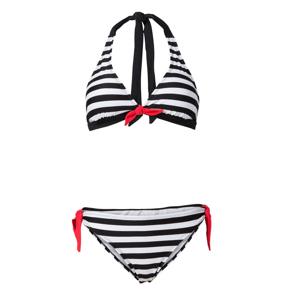 Athletic Stripe Print Contrast Tie Halter Triangle Bikini Set - Black - Image 3