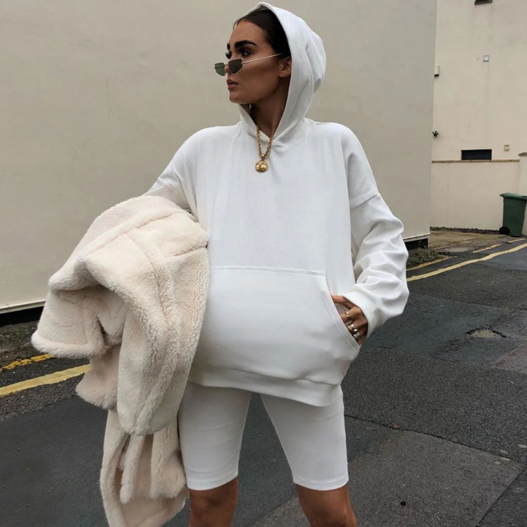 Athletic Style Hooded Sweatshirt Biker Short Matching Set - White - Image 2