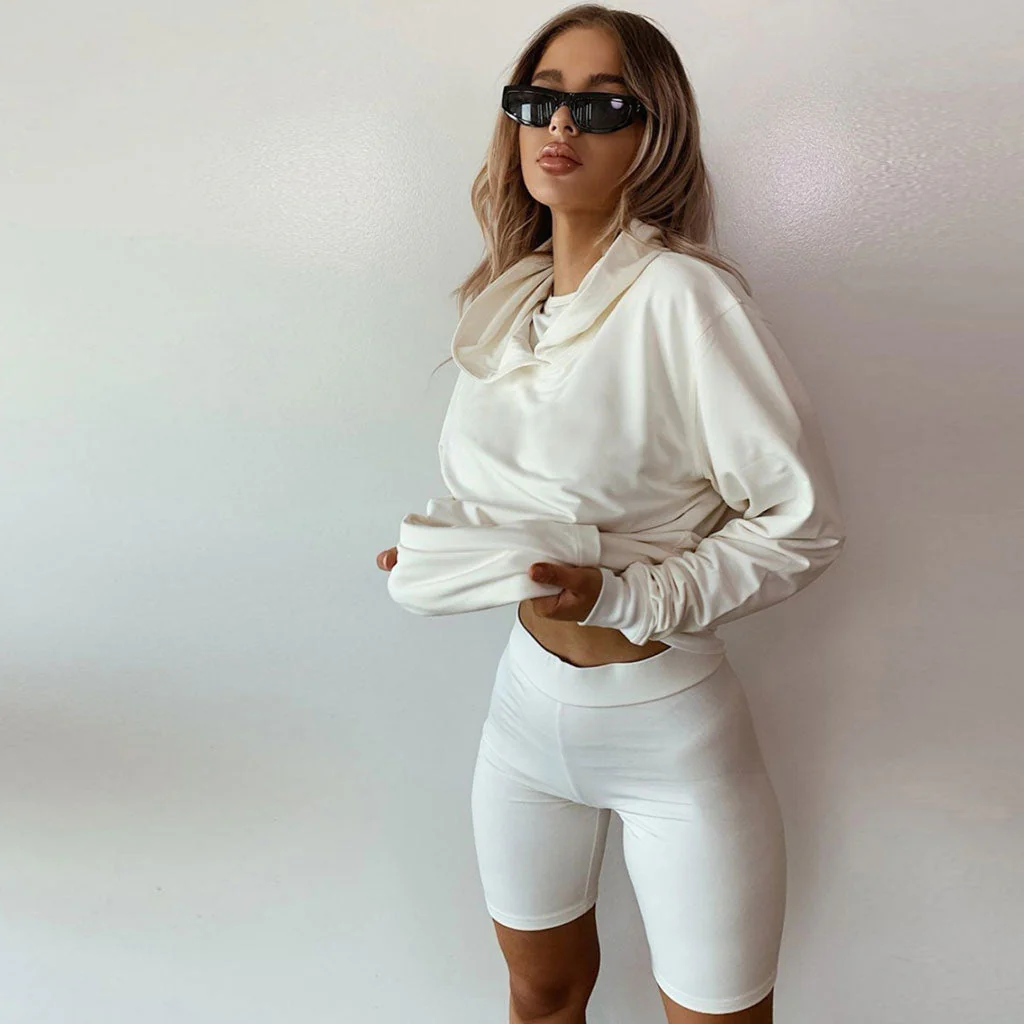 Athletic Style Hooded Sweatshirt Biker Short Matching Set - White - Image 3