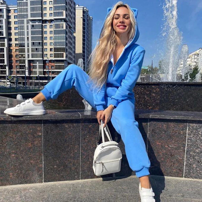 Athletic Style Kitty Hooded Zip Up Long Sleeve Jumpsuit - Blue - Image 2