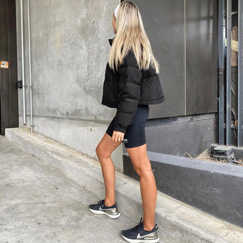 Athletic Style Letter Trim High Neck Cropped Quilted Jacket - Black - Image 3