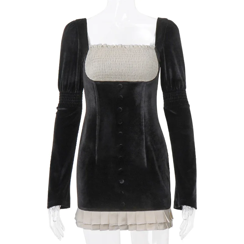 VOLLU SQUARE NECK PLEATED Long Sleeve Mini Dress - Image 7
