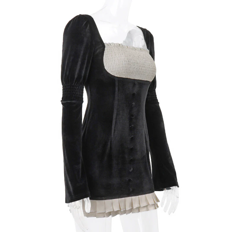 VOLLU SQUARE NECK PLEATED Long Sleeve Mini Dress - Image 8