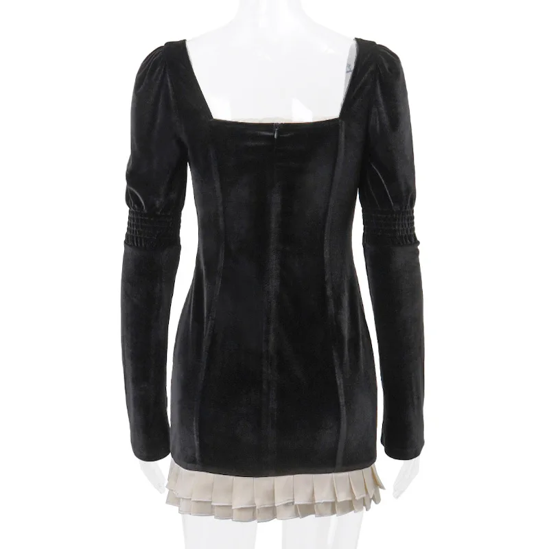 VOLLU SQUARE NECK PLEATED Long Sleeve Mini Dress - Image 9