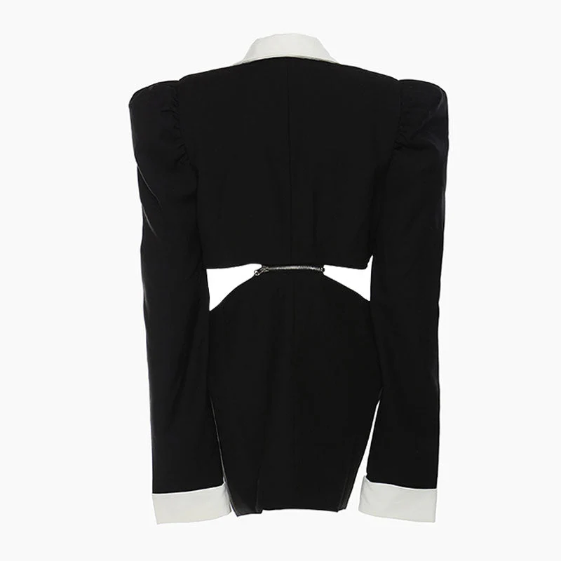 Avant Garde Contrast Lapel CutOut Zipper Waist Single Button Long Blazer - Image 2