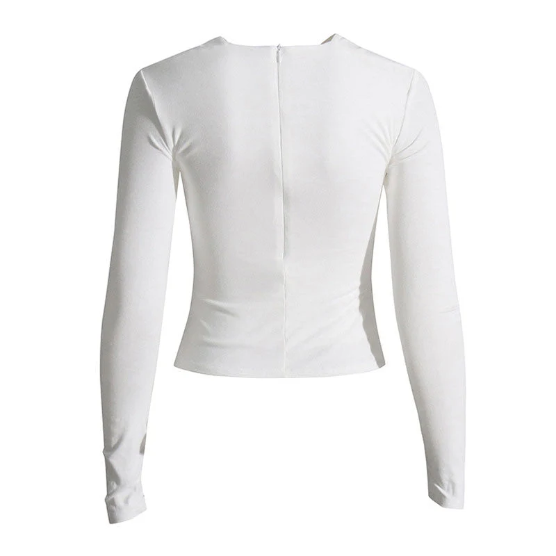Avant Garde Metallic Accent Twist Layer V Neck Cut Out Long Sleeve Crop Fitted Top - Image 4