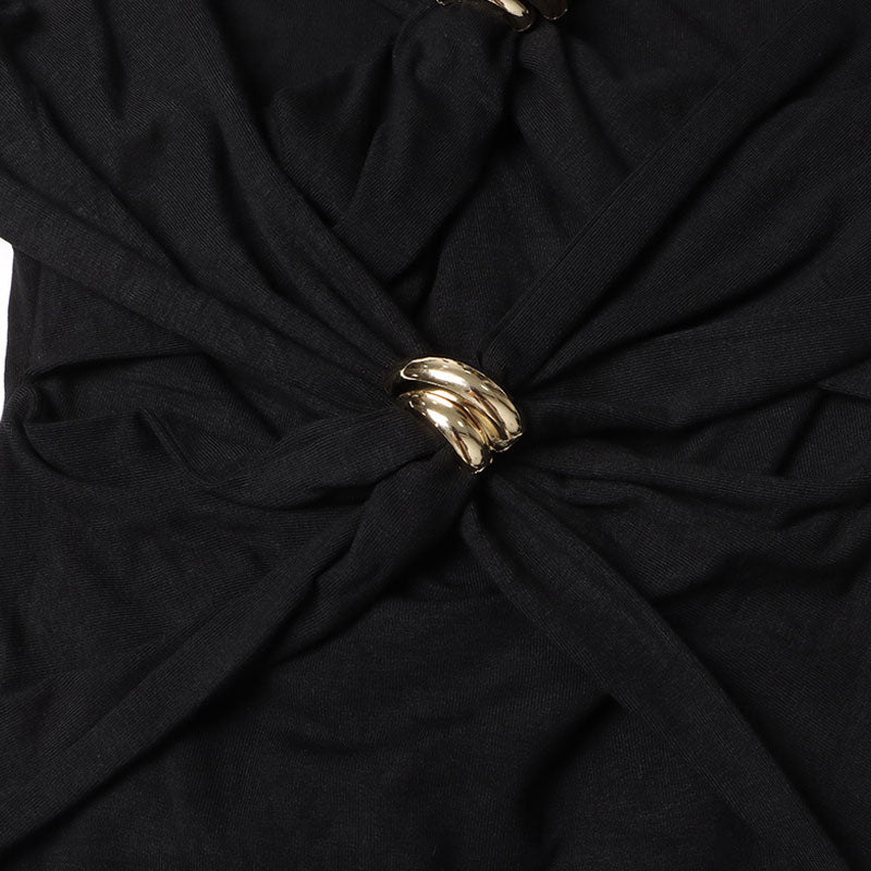 Avant Garde Metallic Accent Twist Layer V Neck Cut Out Long Sleeve Crop Fitted Top - Image 5