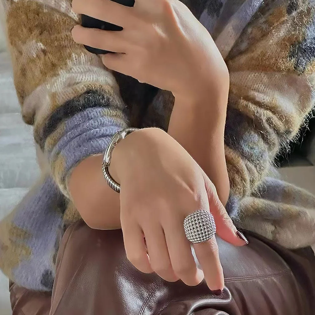 Back To 19C Metallic Rhodium Plated Half Textured Mesh Sphere Ring - Image 3
