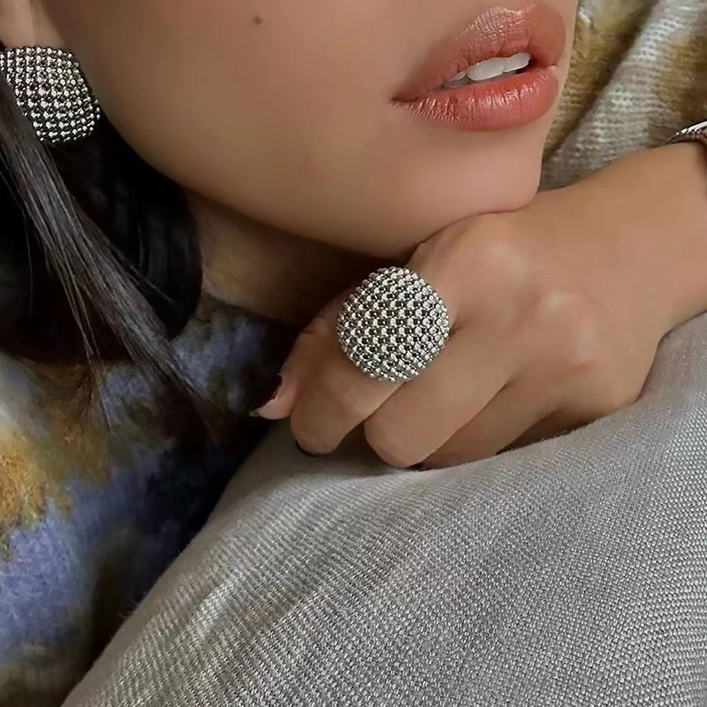 Back To 19C Metallic Rhodium Plated Half Textured Mesh Sphere Ring - Image 4