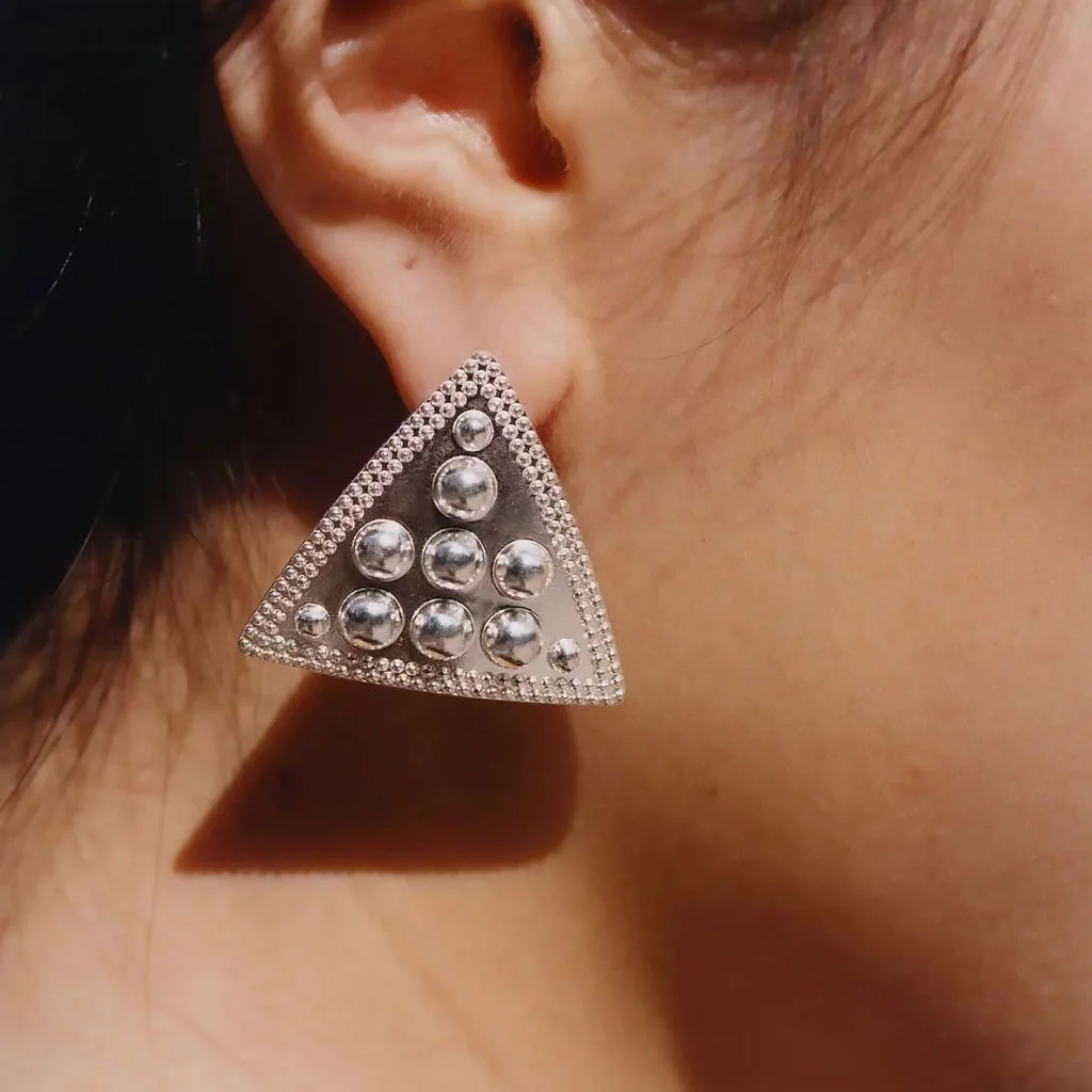 Back To 19C Metallic Rhodium Plated Mini Balls Triangle Stud Earrings - Image 2
