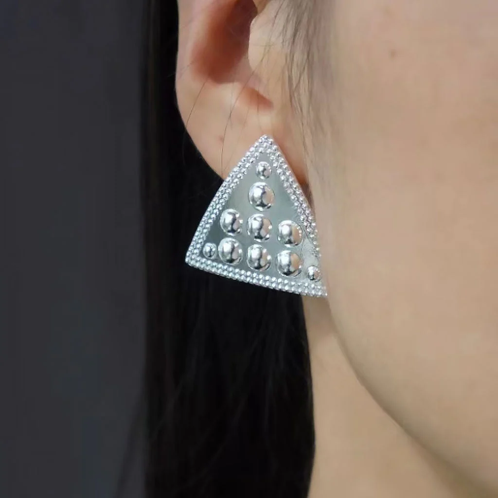 Back To 19C Metallic Rhodium Plated Mini Balls Triangle Stud Earrings - Image 3
