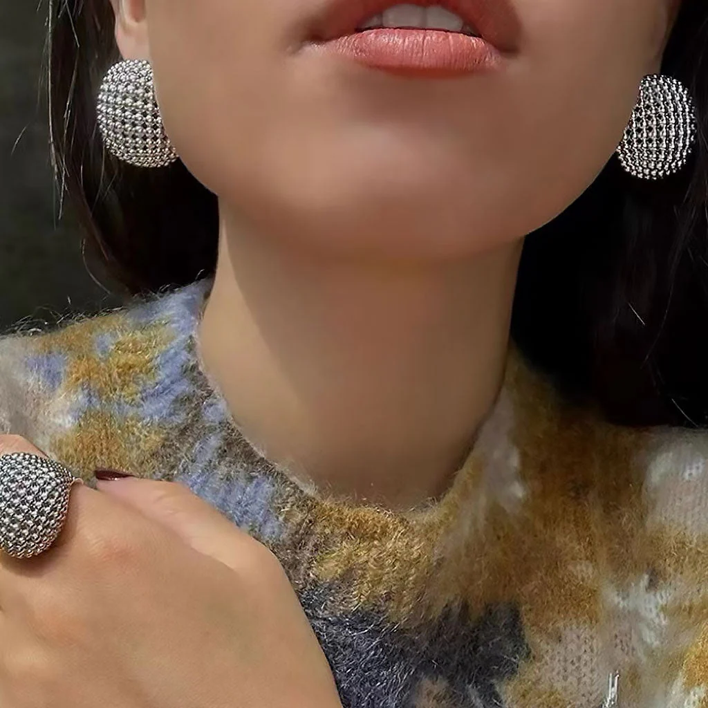 Back To 19C Metallic Round Cut Mesh Mini Ball Half Hoop Stud Earrings - Image 5