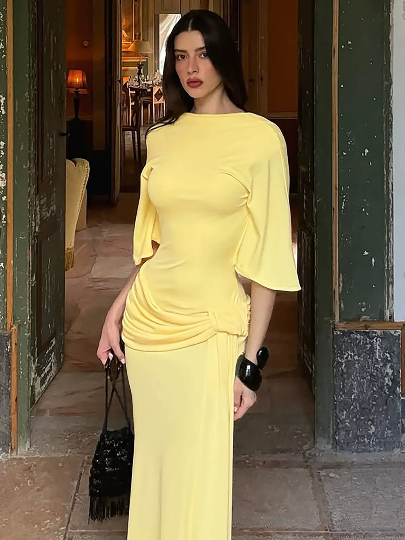 Backless Layered Long Dress With Flowing Ribbons - Image 3