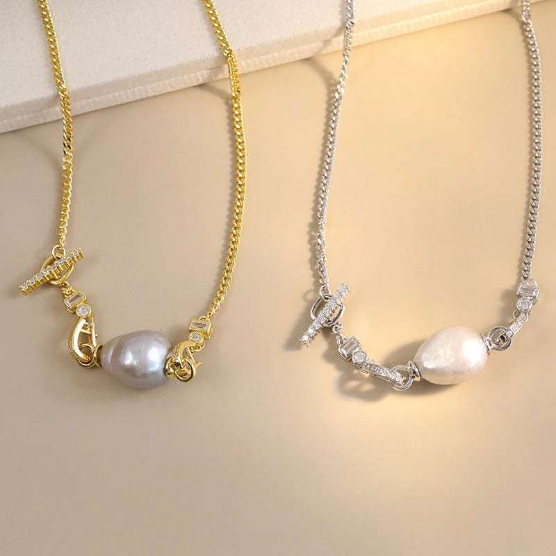 Baroque Freshwater Pearl Cubic Zirconia Smile Cuban Link Chain NeckLace - Image 3
