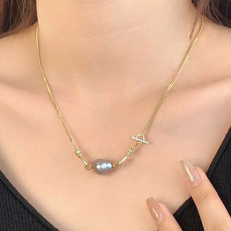 Baroque Freshwater Pearl Cubic Zirconia Smile Cuban Link Chain NeckLace - Image 4