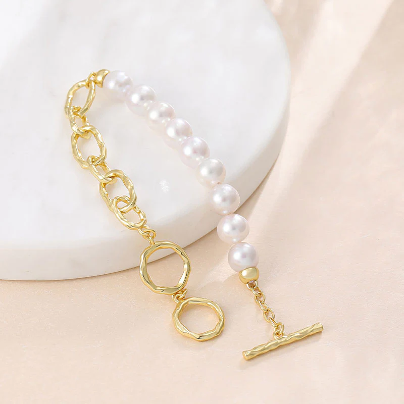Baroque Freshwater Pearl Sterling Silver Half Paperclip Link Chain Bracelet - Image 2