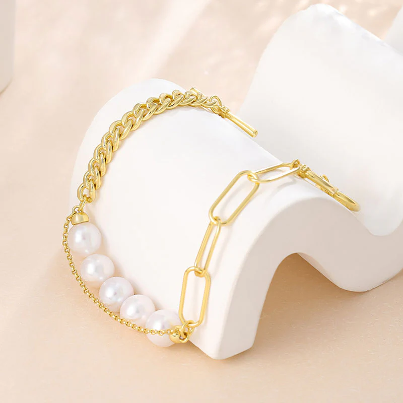 Baroque Freshwater Pearl Sterling Silver Paperclip Curb Link Chain Bracelet - Image 2