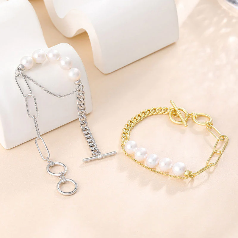 Baroque Freshwater Pearl Sterling Silver Paperclip Curb Link Chain Bracelet - Image 3