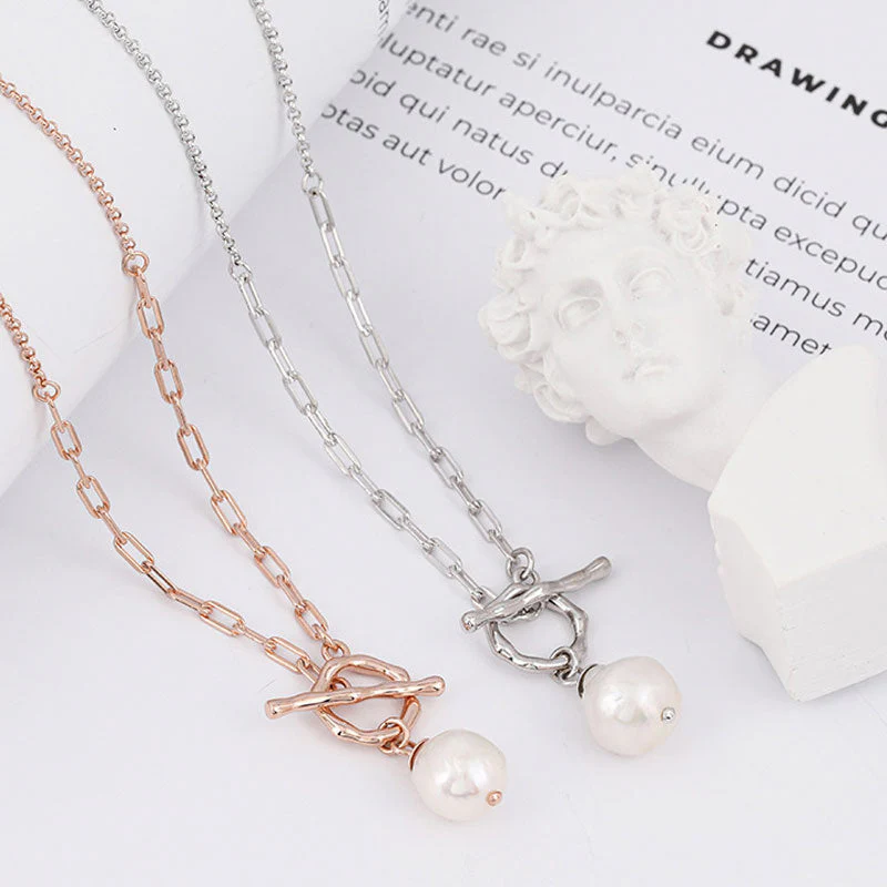 Baroque Freshwater Pearl Toggle Pendant Cable Paperclip Link NeckLace - Image 3