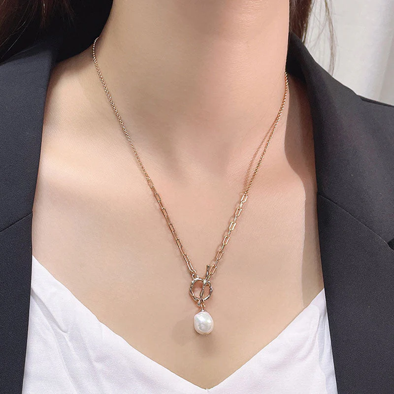 Baroque Freshwater Pearl Toggle Pendant Cable Paperclip Link NeckLace - Image 4