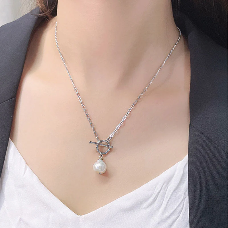 Baroque Freshwater Pearl Toggle Pendant Cable Paperclip Link NeckLace - Image 5