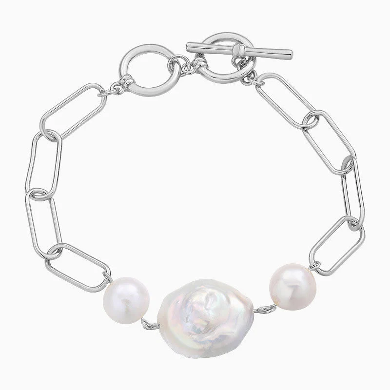 Baroque Freshwater Pearl Toggle Sterling Silver Paperclip Link Chain Bracelet - Image 2
