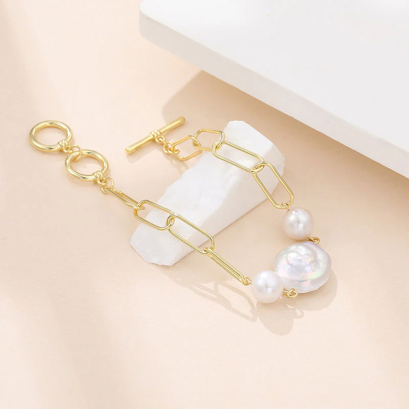 Baroque Freshwater Pearl Toggle Sterling Silver Paperclip Link Chain Bracelet - Image 3