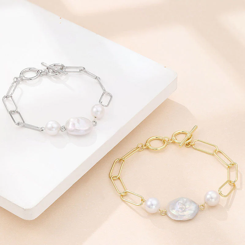 Baroque Freshwater Pearl Toggle Sterling Silver Paperclip Link Chain Bracelet - Image 4