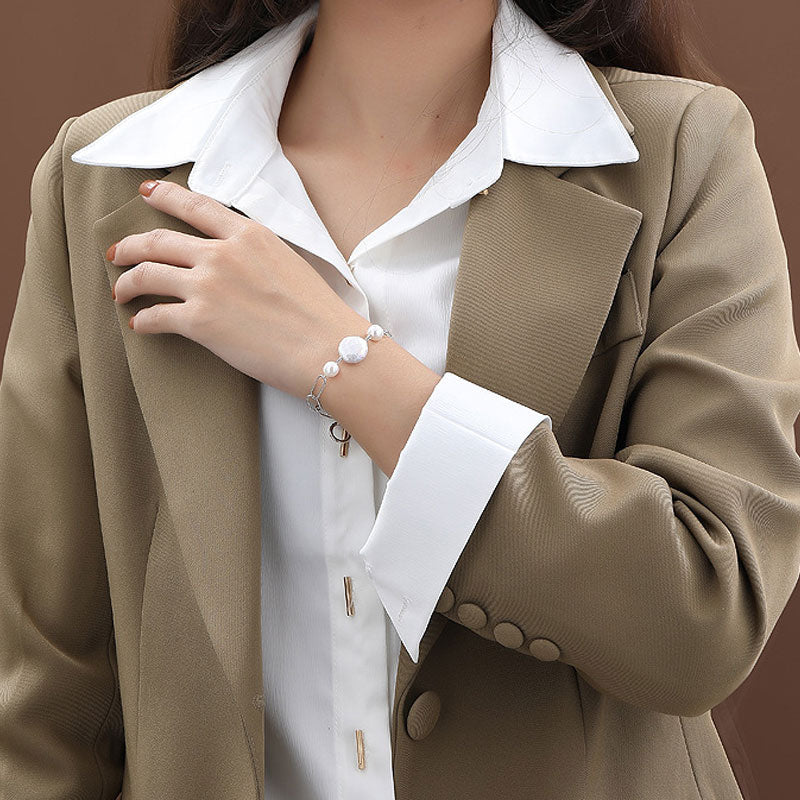 Baroque Freshwater Pearl Toggle Sterling Silver Paperclip Link Chain Bracelet - Image 5