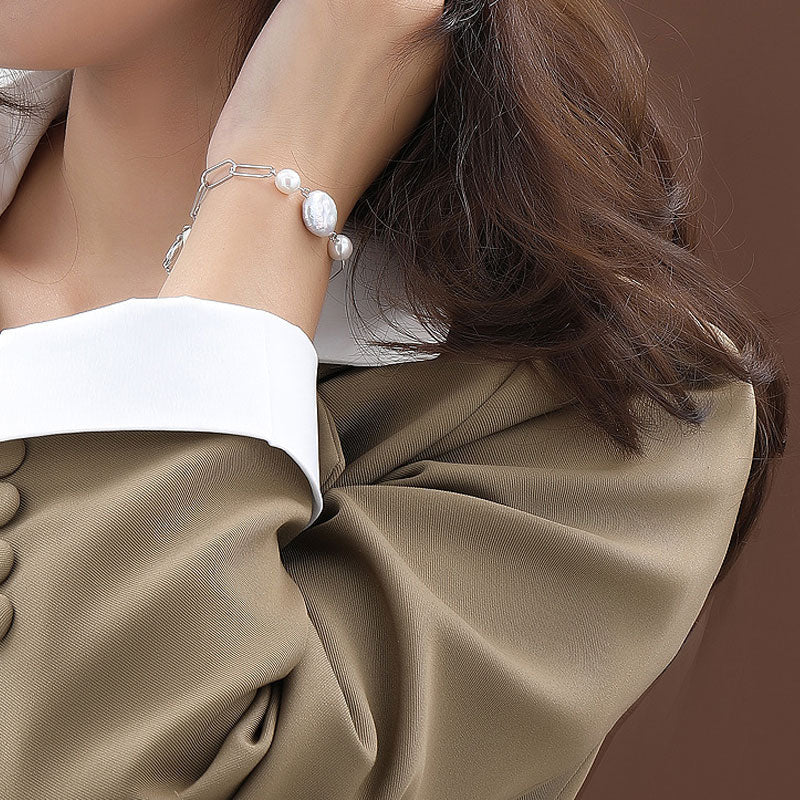 Baroque Freshwater Pearl Toggle Sterling Silver Paperclip Link Chain Bracelet - Image 6