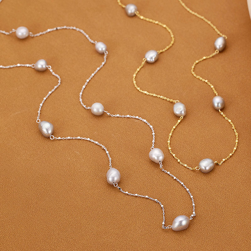 Baroque Pearl Sterling Silver Satellite Chain Bolo Slider Bead Station NeckLace - Image 3