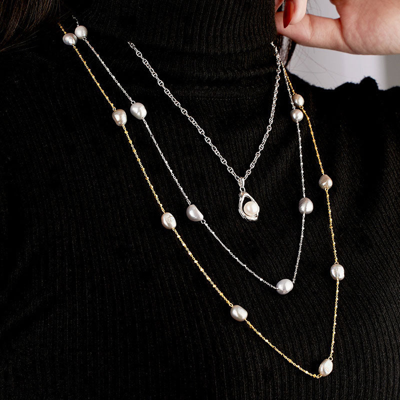Baroque Pearl Sterling Silver Satellite Chain Bolo Slider Bead Station NeckLace - Image 4