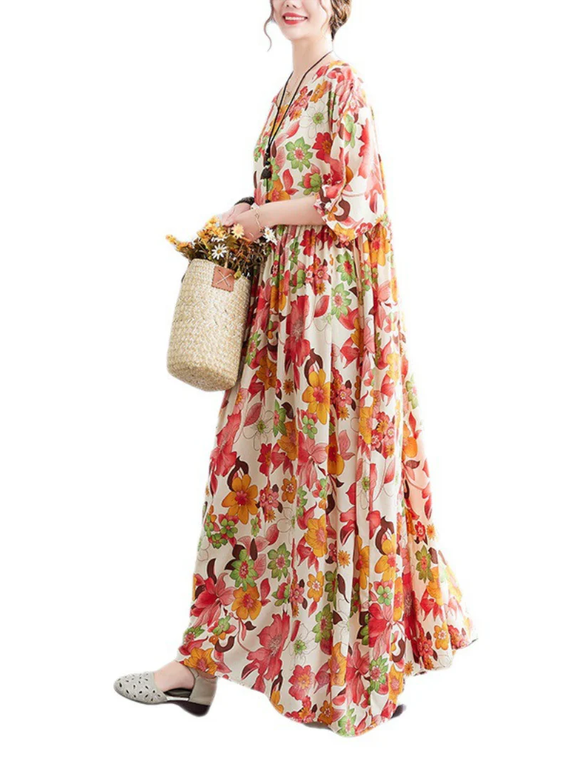 Beach Lunch Lounge Smocked Printed Flower Dress - Image 4