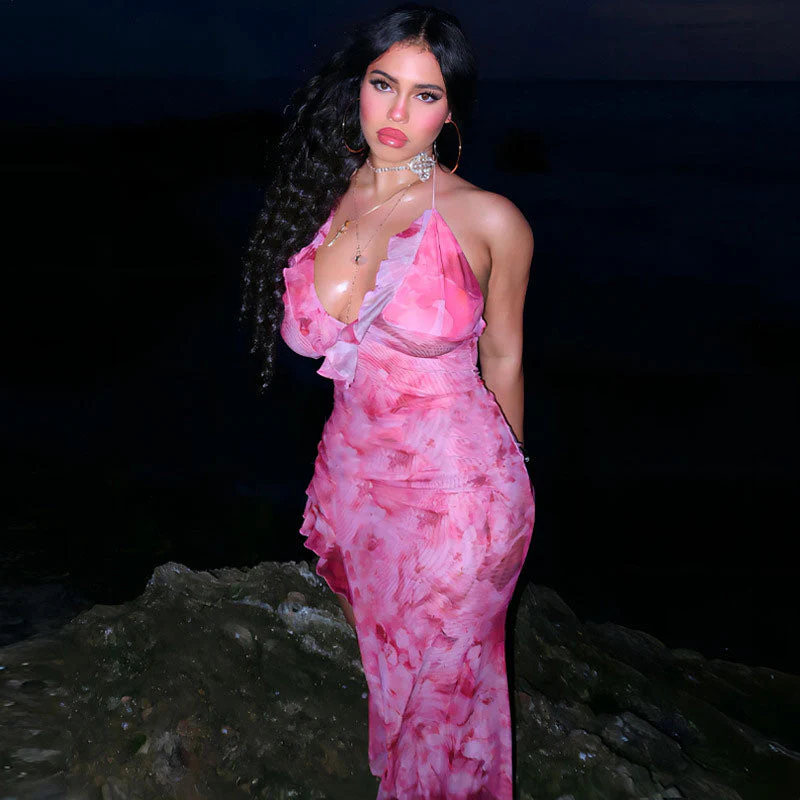 Beach Vacation Tie Dye Print Ruffle Trim Halter Backless Maxi Dress - Pink - Image 3