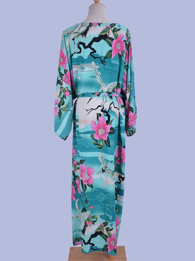 Beachwear Long Kimono Floral Print Green Color Rayon Long Length Gown Robe Kimono - Image 2